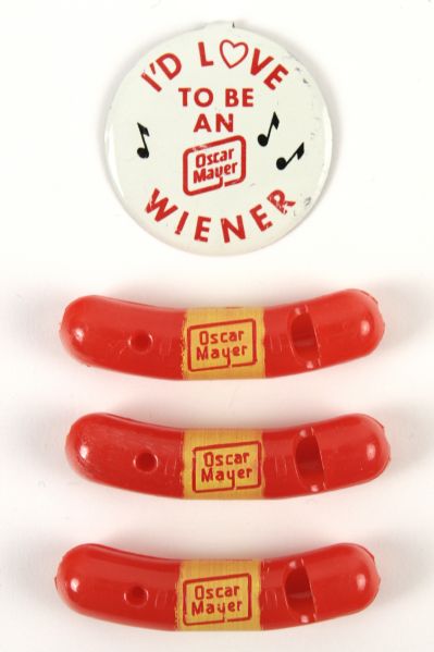1960s Oscar Meyer Wienermobile Wiener Whistles & Lapel Button - Lot of 4