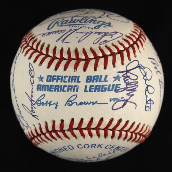 1984 circa Milwaukee Brewers/New York Yankees Signed OAL Brown Baseball w/ 22 Signatures Including Bob Lemon, Pete Vukovich, Cecil Cooper & More (JSA)