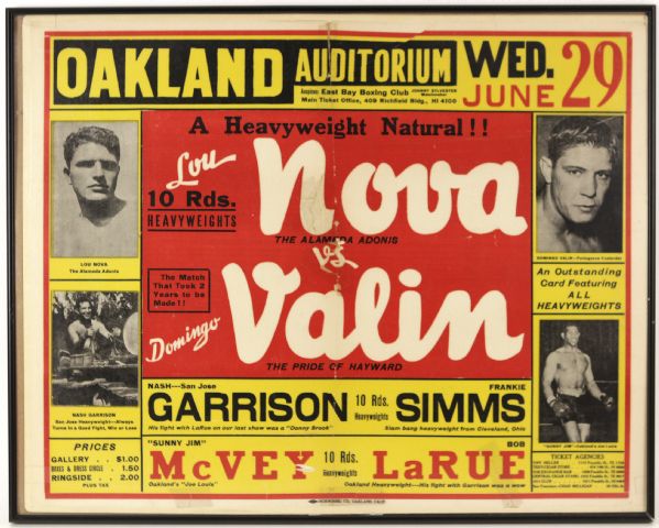 1938 Lou Nova vs. Domingo Valin Nash Garrison vs. Frankie Simms Sunny Jim McVey vs. Bob Larue 23" x 29" Framed Broadside 
