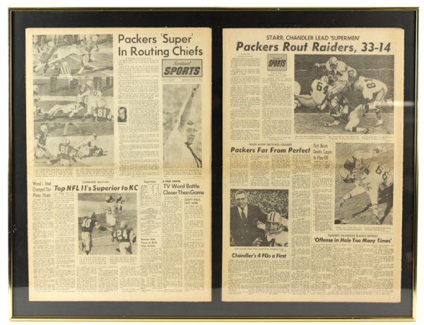 1967-68 Green Bay Packers Super Bowl I & II 26" x 34" Milwaukee Sentinel Framed Display