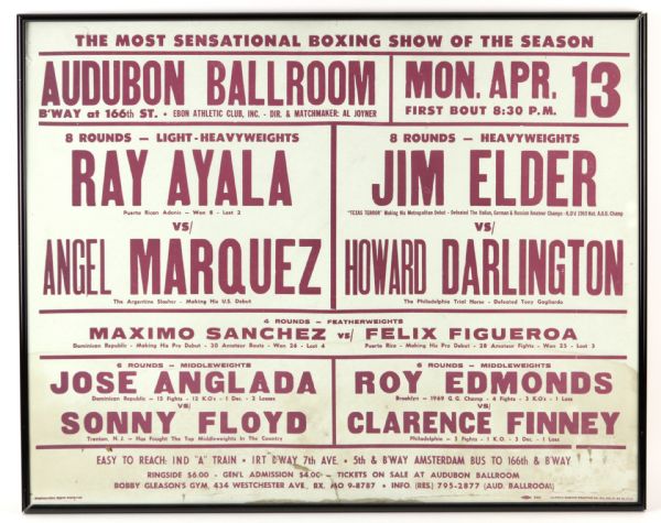 1970 Ray Ayala vs. Angel Marquez Audobon Ballroom 22" x 28" Framed Broadside