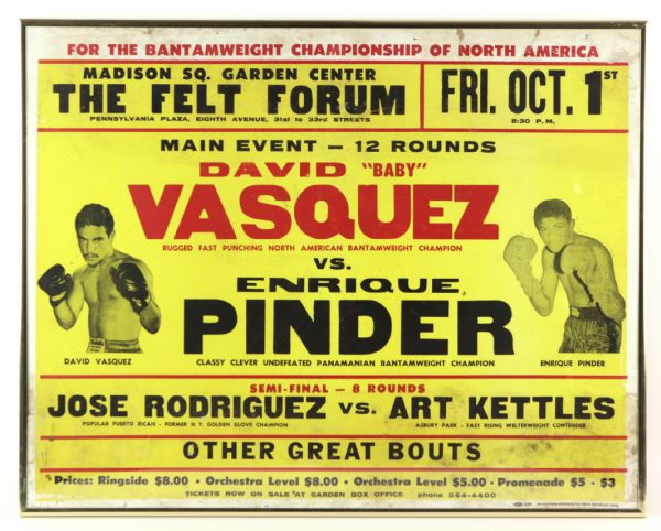 1971 David "Baby" Vasquez vs. Enrique Pinder Felt Fourm 22" x 28" Framed Broadside