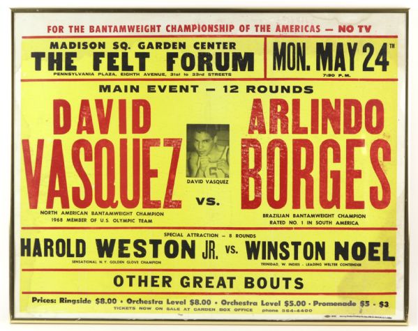 1971 David Vasquez vs. Arlindo Borges Felt Forum 22" x 28" Framed Broadside