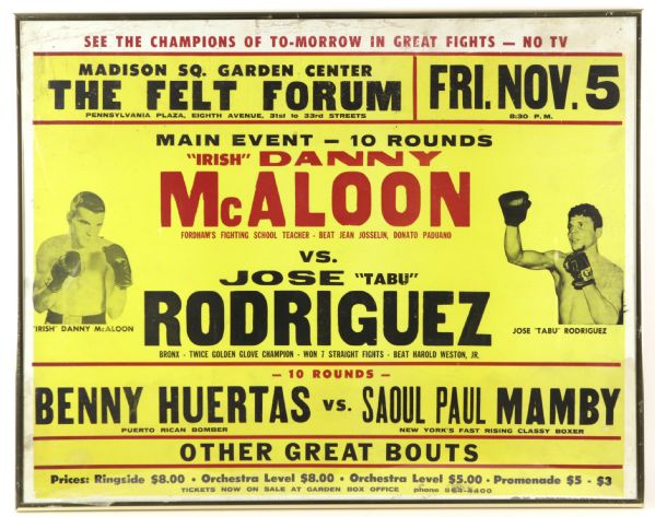 1971 "Irish" Danny McAloon vs. Jose "Tabu" Rodriguez Felt Forum 22" x 28" Framed Broadside