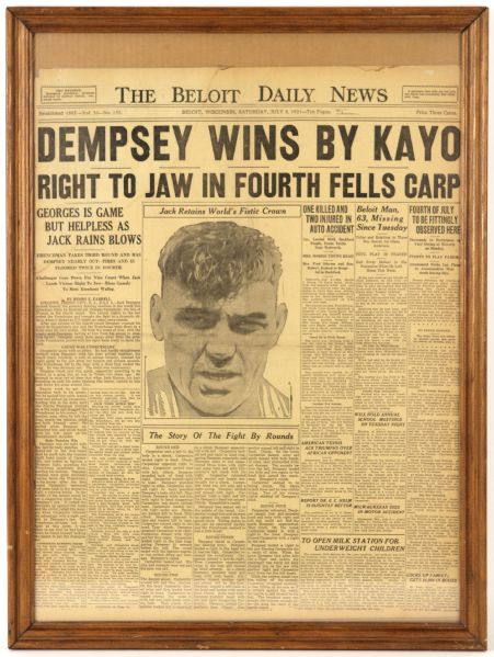 1921 Dempsey Wins By Kayo 19" x 26" Framed Newspaper Article