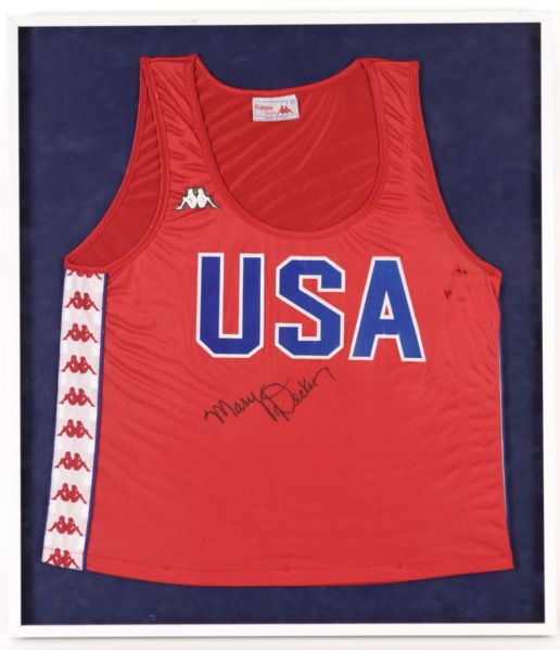 1983 Mary Decker Gold Medalist Signed 21" x 24" Framed Race Worn USA Running Jersey (MEARS LOA) 