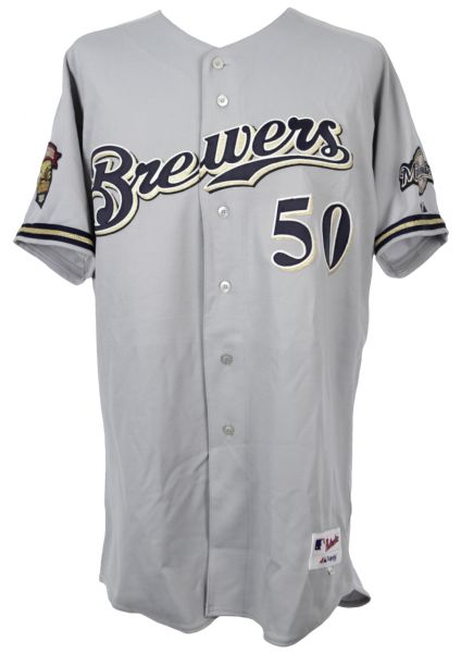 2001 Everett Stull Milwaukee Brewers Team Issued Road Jersey w/ 1 Year Home to Heroes Patch (MEARS LOA)