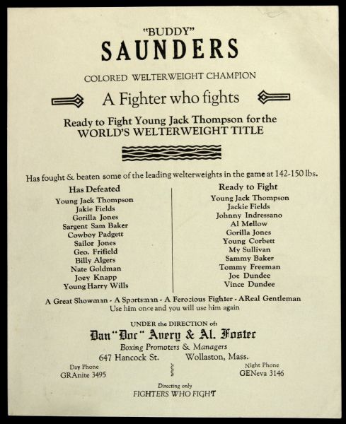 1920s Buddy Saunders Colored Welterweight Champion 6" x 7.5" Promotional Handbill
