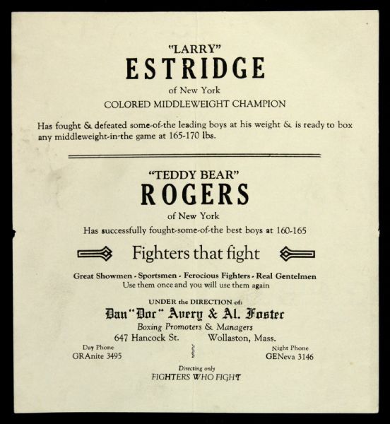 1920s Larry Estridge Colored Middleweight Champion 6.5" x 7" Promotional Handbill