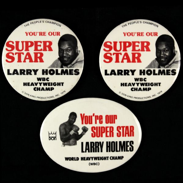 1979 Larry Holmes Heavyweight Champion Pinback Button Collection - Lot of 3