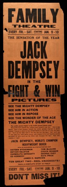 1924 Jack Dempsey Broadside 7" x 21" Fight & Win Movie 