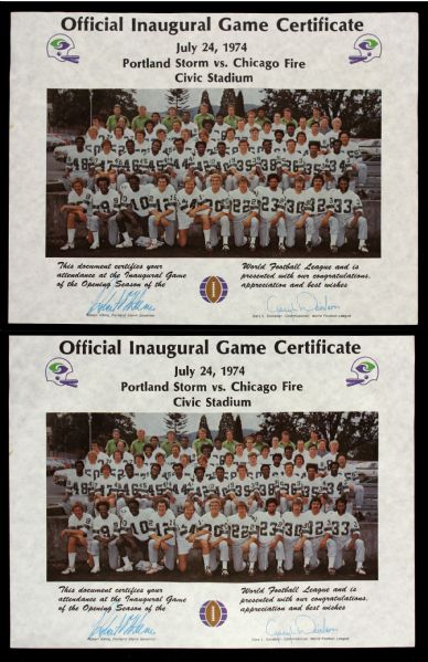 1974 World Football League Inaugural Game Certificate of Attendance - Lot of 2