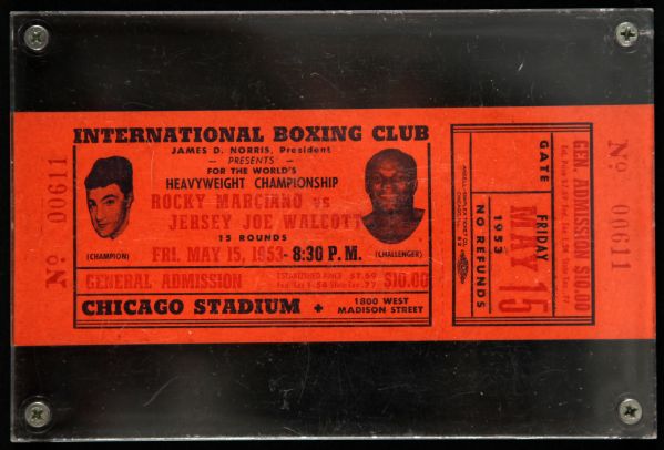 1953 Rocky Marciano vs. Jersey Joe Walcott Chicago Stadium Heavyweight Title Bout Encased Ticket