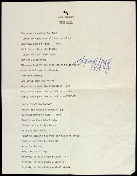 1960 Robert F. Kennedy Campaign Manager Signed High Hopes Lyric Sheet (JSA)