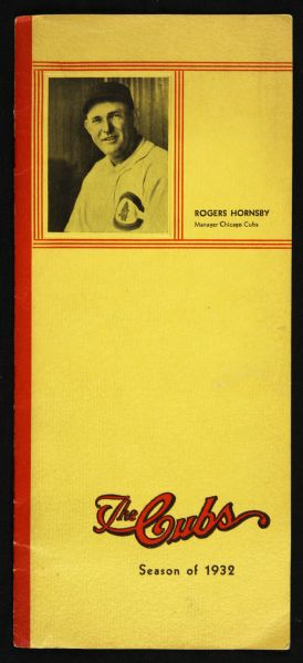 1932 Chicago Cubs Spring Training Player List & Schedule w/ Rogers Hornsby Cover