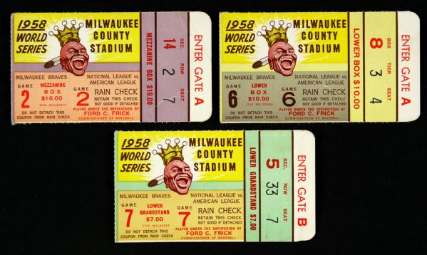 1958 Milwaukee Braves New York Yankees County Stadium World Series Ticket Stub Collection - Lot of 3 w/ Game 2, 6 & 7