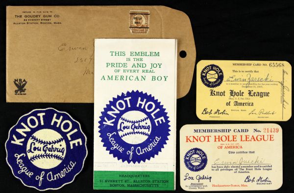 1935 Lou Gehrig Knot Hole League of America Membership Card, Pamphlet & Patch - Lot of 4 w/ Original Mailing Envelope