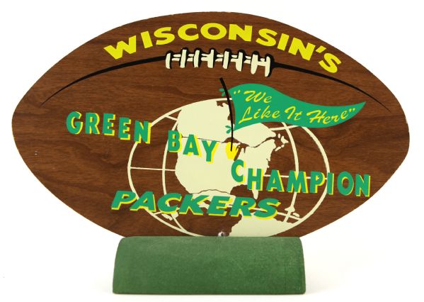 1960s Wisconsins Green Bay Champion Packers "We Like It Here" Wooden Football Display w/ Stand