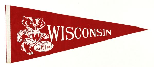 1960s circa Wisconsin Badgers Full Size 28" Pennant & Bucky Badger Letterman Style Patch