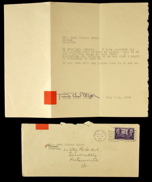 1946 Frank Lloyd Wright Signed Letter w/ Postmarked Envelope From Spring Green (JSA)