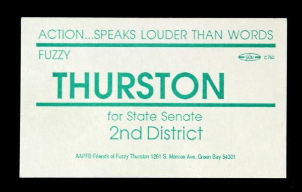 1988 Fuzzy Thurston Green Bay Packers for 2nd District State Senate Business Card w/ Schedule on Reverse