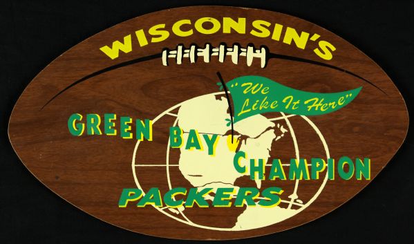 1960s Wisconsins Green Bay Champion Packers "We Like It Here" Wooden Football Display