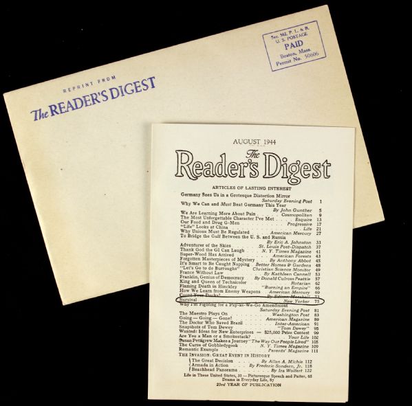 1952 Readers Digest Reprint of Article on John F. Kennedys Military Experience on PT-109 w/ Original Envelope