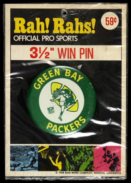 1968 Green Bay Packers MOC Rah! Rahs! Official Pro Sports 3 1/2" Win Pin
