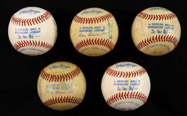 1980s Multi Clubhouse Signed OAL MacPhail/Brown Baseball Collection - Lot of 5 w/ 47 Total Signatures Including Reggie Jackson, Dave Winfield, Robin Yount & More