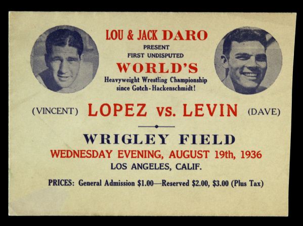 1936 Vincent Lopez vs. Dave Levin Heavyweight Wrestling Title Bout 4" x 5.5" Cut 