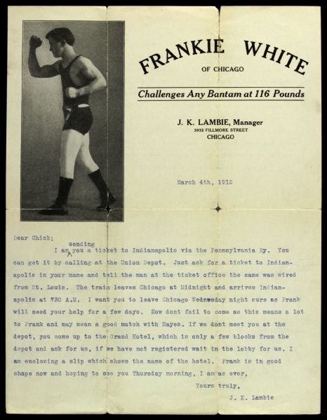 1912 Frankie White Chicago Bantamweight Letter from Manager to Opponent