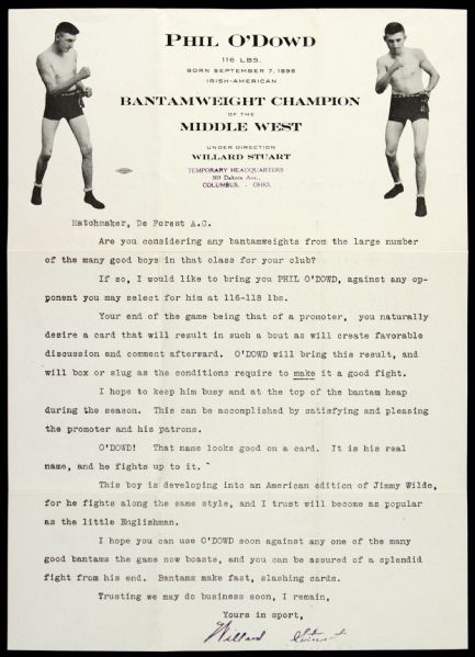 1920s Phil ODowd Bantamweight Champion Letter from Promoter Willard Stuart w/ Original Envelope