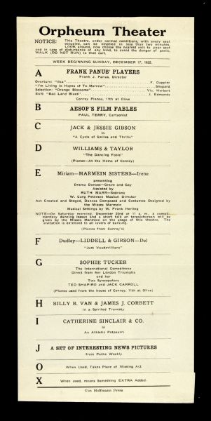 1922 Orpheum Theatre Playbill Featuring Heavyweight Champion James J. Corbett