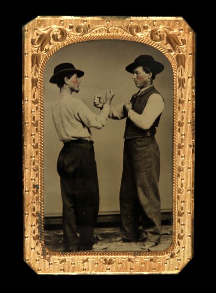 Late 1800s 2 1/2" x 3 1/2" Boxing Tin Type Featuring Two B/W Boxers