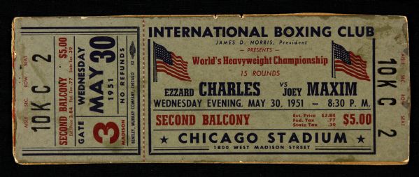 1951 Ezzard Charles vs. Joe Maxim Chicago Stadium Heavyweight Title Bout Ticket
