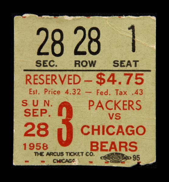 1958 Green Bay Packers vs. Chicago Bears Lambeau Field Ticket Stub - First Ever Game at Lambeau for Ray Nitschke, Jim Taylor & Jerry Kramer