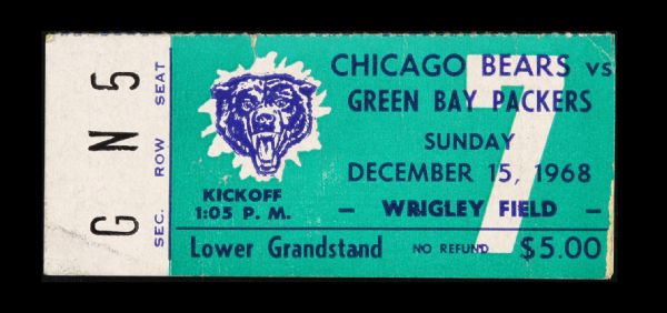 1968 Green Bay Packers vs. Chicago Bears Wrigley Field Ticket Stub - Vince Lombardis Last Game Coaching Packers