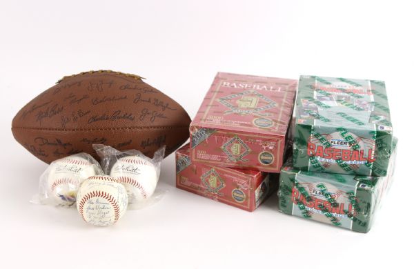 1960s-90s Baseball Football Memorabilia - Lot of 8 w/ Factory Sealed Boxes, Clubhouse Signed Pirates Ball, Babe Ruth 100th Anniversary Ball & More 