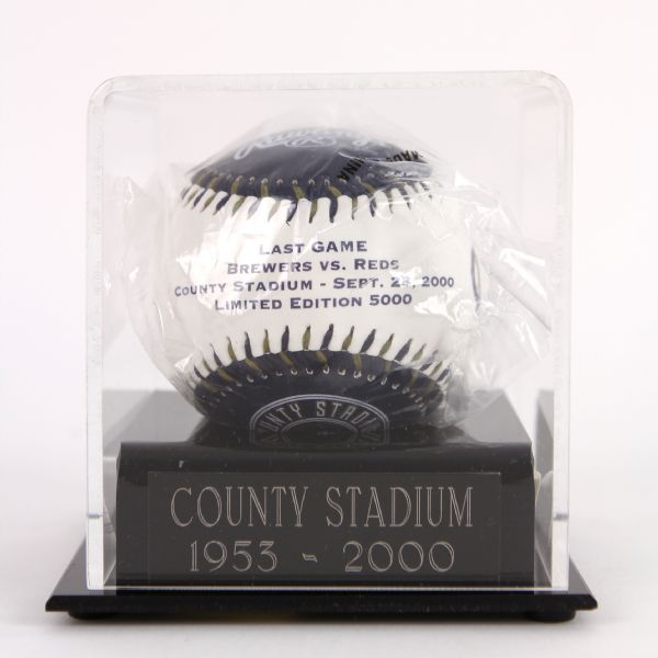 2000 Milwaukee Brewers Last Game at County Stadium Commemorative Baseball w/ Display Stand & COA 4163/5000