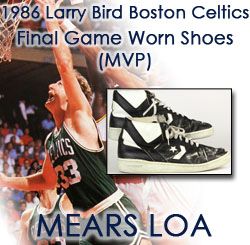 1986 Larry Bird Boston Celtics Black Converse Dual Autographed (JSA) NBA Championship / MVP Season Game Worn Shoes (Charity Auction Provenance/MEARS LOA) Finest Pair Extant