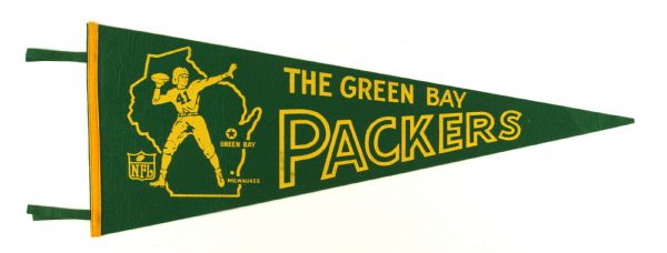 1960s The Green Bay Packers Full Size 29" Pennant w/ Wisconsin Outline
