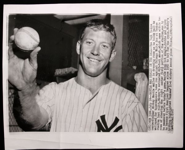 1957 Mickey Mantle Holding Ball After 465-Foot Home Run Original Wire Photo