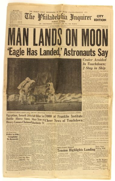 1969 Philadelphia Inquirer Newspaper Featuring Man Lands On Moon