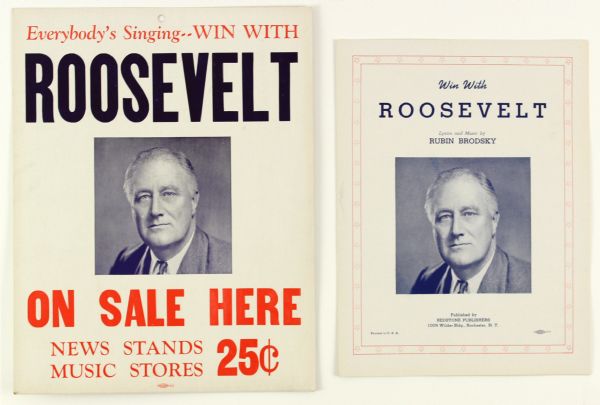 1940 WW2 Win With Roosevelt Sheet Music & 11" x 14" 2-Sided Broadside - Lot of 2