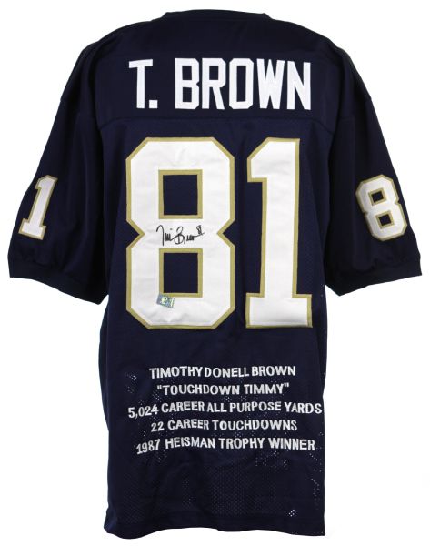 1990s Tim Brown Notre Dame Signed "Touchdown Timmy" Commemorative Stat Jersey (JSA)