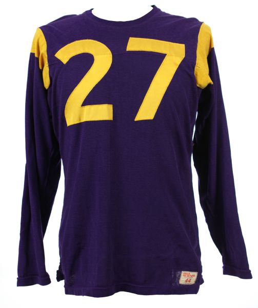 1957-59 Durene #27 Purple & Yellow Game Worn Wilson Long Sleeve Football Jersey 