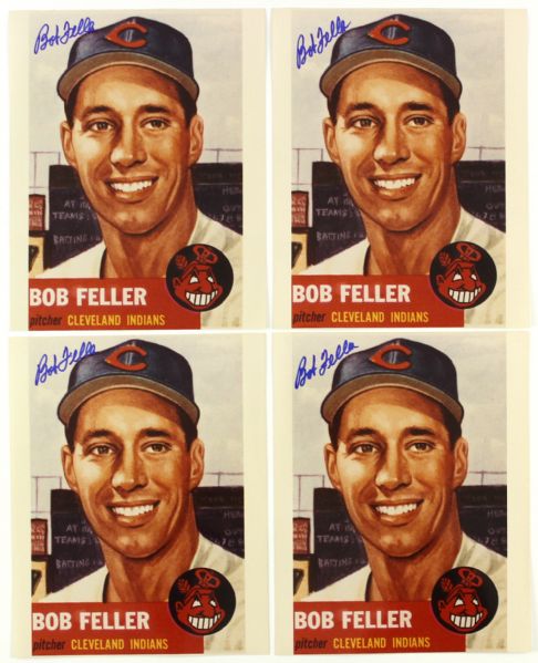 1953 circa Bob Feller Cleveland Indians 8" x 10" Signed Photo Collection Depicting a 1953 Topps Baseball Card - Lot of 4 (JSA)