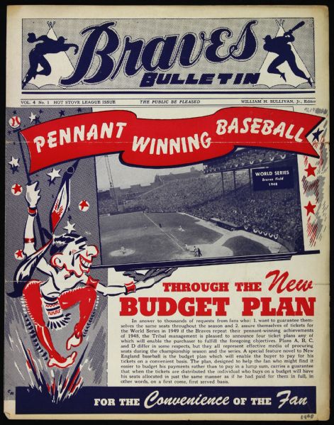 1949 Boston Braves Bulletin 9" x 11 /2" 