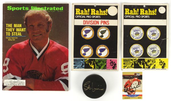 1960s-90s Hockey Memorabilia Collection w/ two Stan Mikita Signatures Bobby Hull Magazine Hockey Pins - Lot of 5 (JSA)