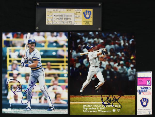 1982-92 Robin Yount Milwaukee Brewers Collection w/ Signed Photos Full Tickets World Series 3,000 Hit Game - Lot of 4 (JSA)